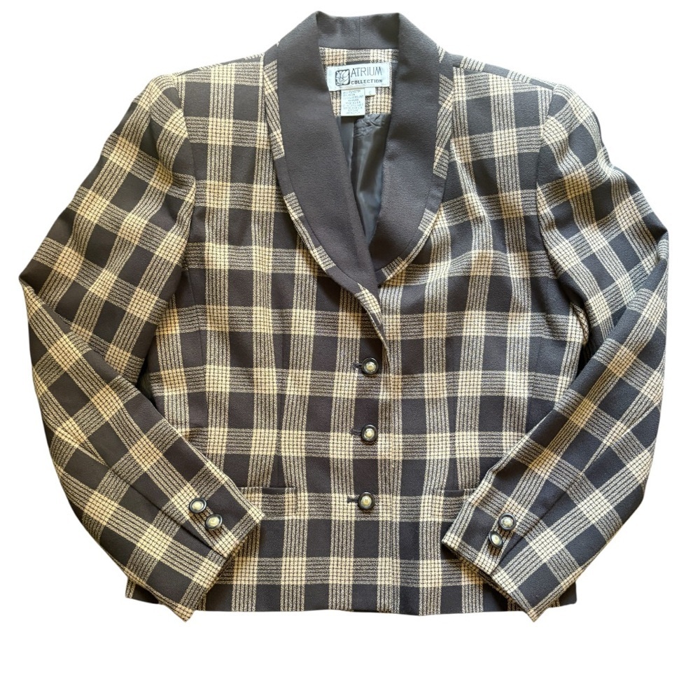 Atrium Collection Blazer Women 6 Brown Plaid Shawl Lapel Vintage Made in USA